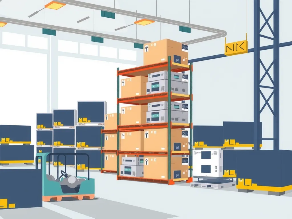 Illustration of efficient warehouse operations minimizing overstock and waste, showing organized stacks of electronics in a clean, modern setting