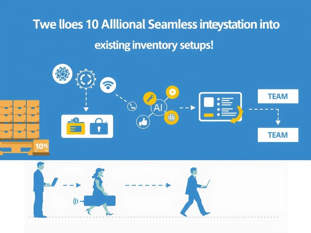 Visualization of the seamless integration process of AI systems into existing inventory setups, depicting collaborative team efforts and digital interfaces