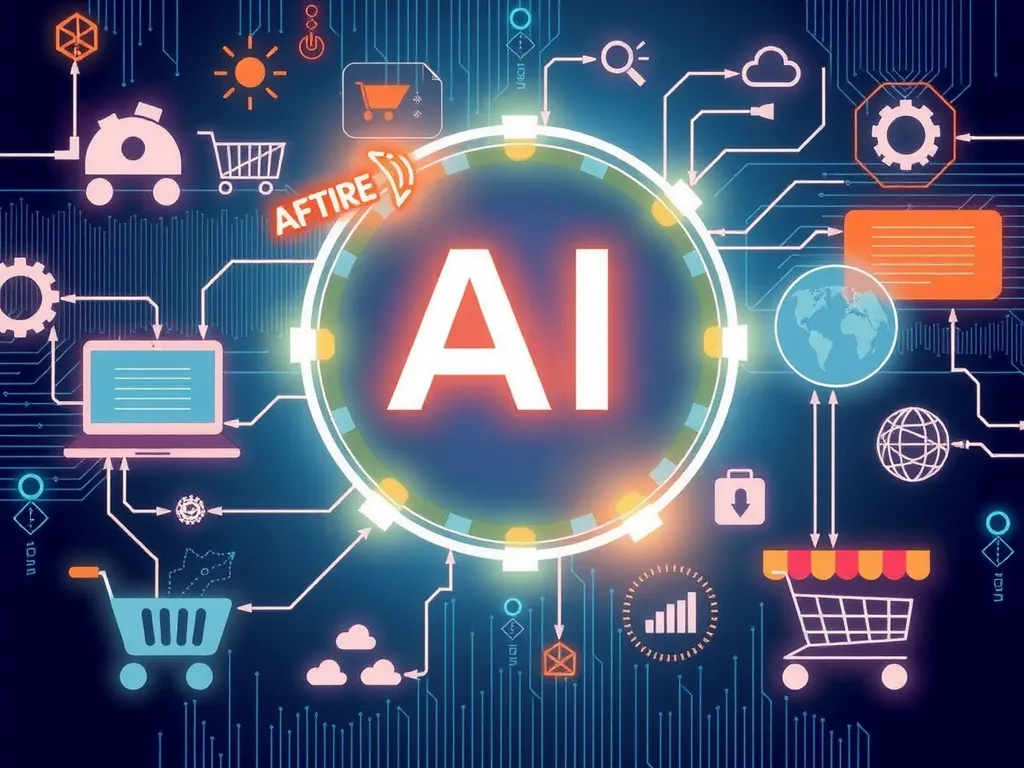 Digital illustration of AI and machine learning processes in e-commerce, highlighting algorithms, predictive models, and technology interfaces