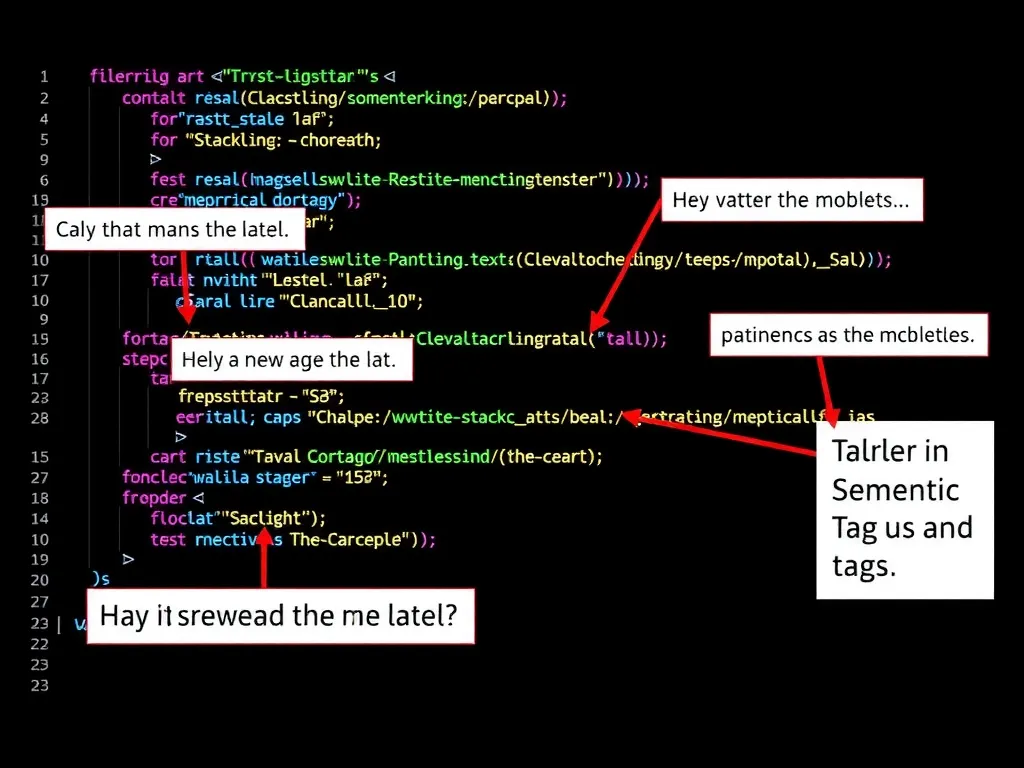Screenshot of HTML code with annotations explaining semantic tags and their usage