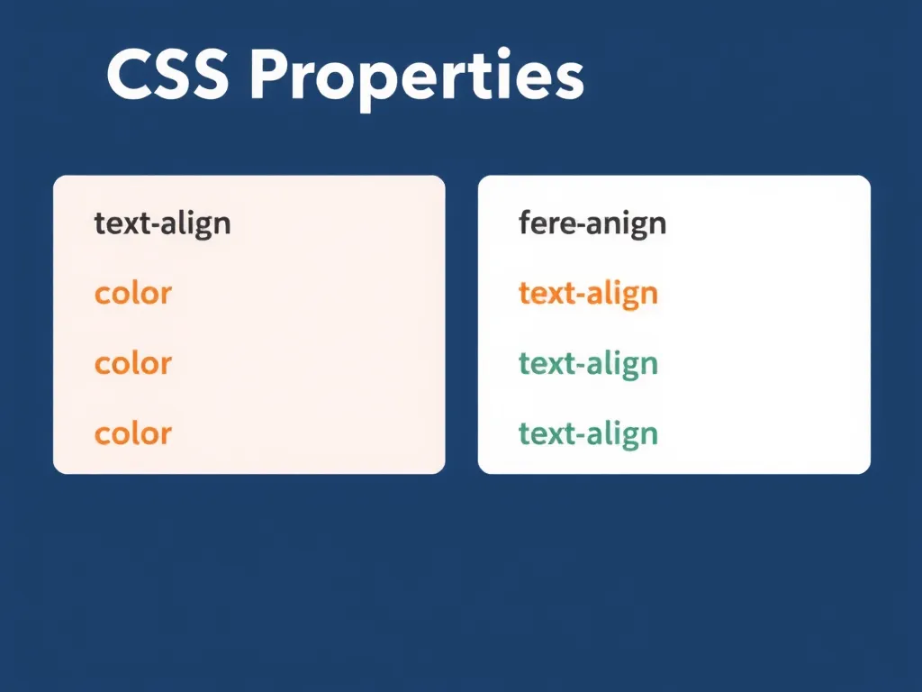 Visual representation of CSS properties such as color and text-align, with examples of text styled with different colors and alignments