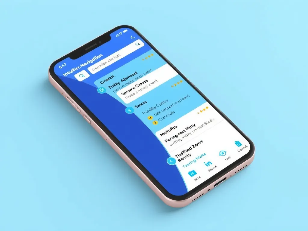 Illustration of intuitive mobile navigation design on a smartphone, showing easy-to-use menus and search functions, high quality, vibrant colors, focusing on thumb zone usability
