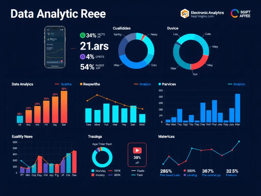 Data analytics dashboard for e-commerce insights, featuring charts and graphs, electronic products analytics, high tech, professional infographic style