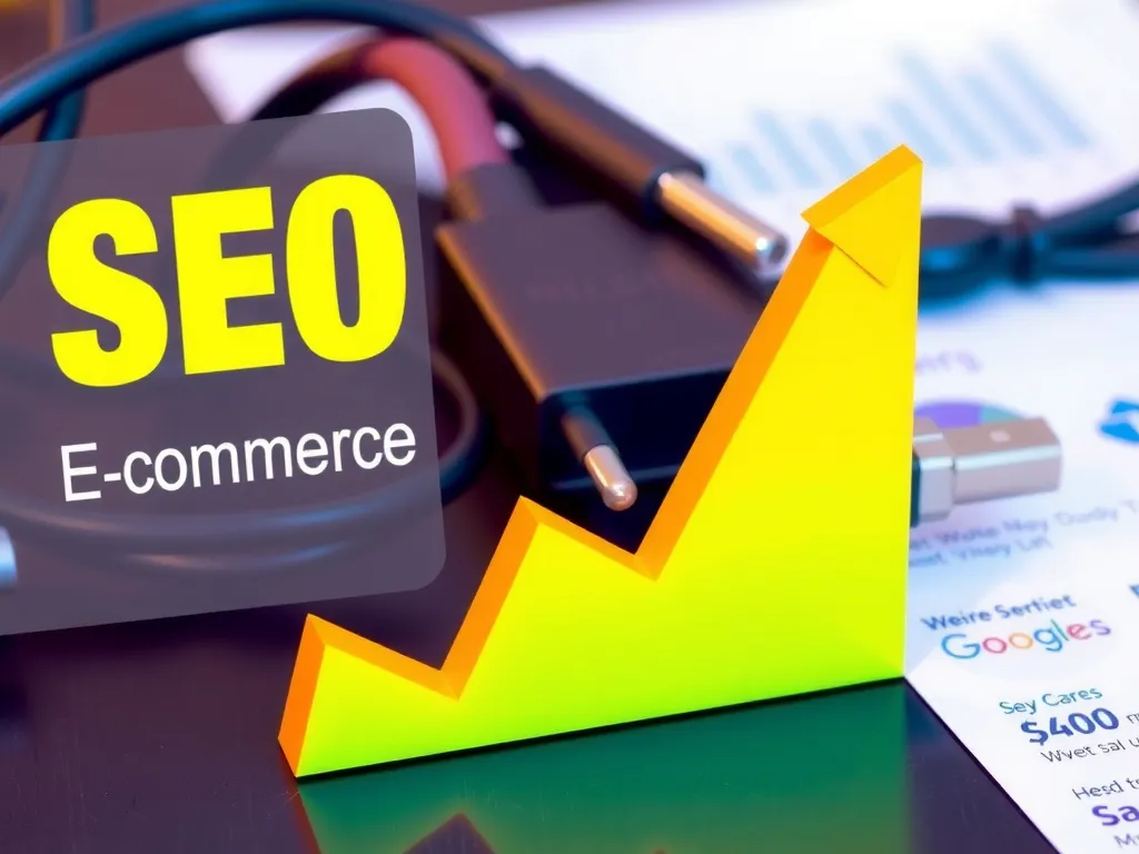 Visual representation of SEO impact on e-commerce, showing ascending graph, electronic accessories like cables and adaptors, search engine result pages, professional digital illustration