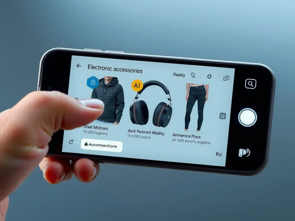 Smartphone showcasing augmented reality features for visualizing electronic accessories, with AI recommendations being highlighted, futuristic style, detailed imagery.