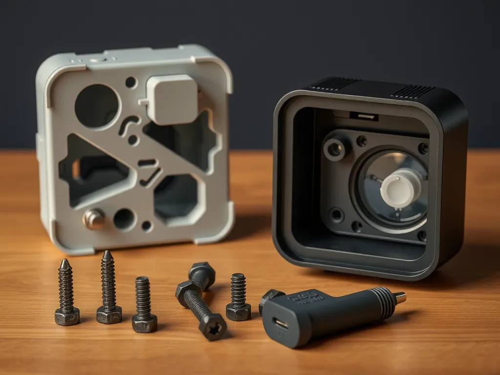 Design of modular electronics accessories featuring replaceable parts and screws, showcasing repair-friendly cases and chargers, with detailed, professional lighting, demonstrating sustainability-focused engineering