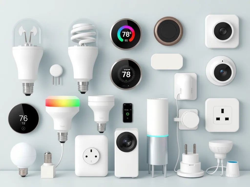 Array of modern smart home gadgets like smart bulbs, thermostats, cameras, and plugs, each with distinct designs, photorealistic, high detail