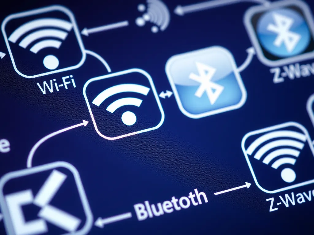 Close-up view of various network connection symbols like Wi-Fi, Bluetooth, Zigbee, and Z-Wave icons on a digital interface, conceptual graphics, high resolution