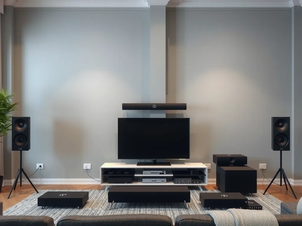 Smart audio equipment like speakers and soundbars in a media room setup, emphasizing modern design and connectivity
