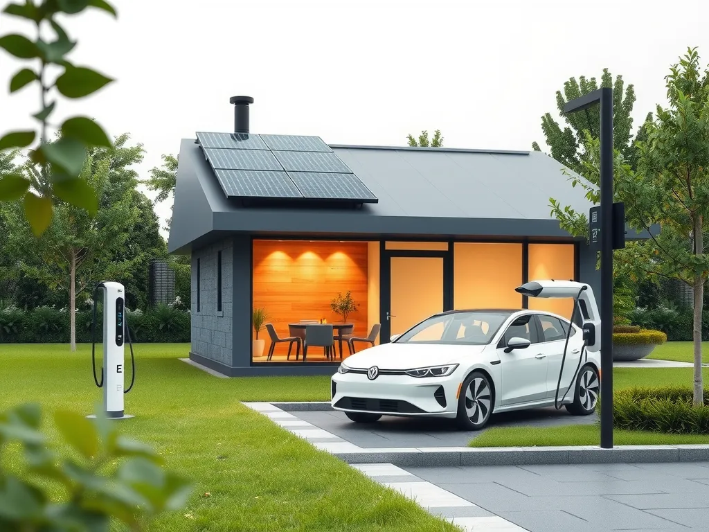 Modern smart home concept integrating renewable energy sources like solar panels and EV charging, futuristic design, harmonious environment