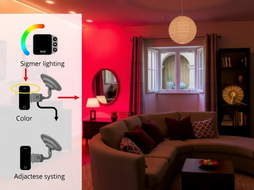Smart home lighting setup with adjustable colors and brightness, featuring a cozy room lit in different shades, warm and inviting ambiance